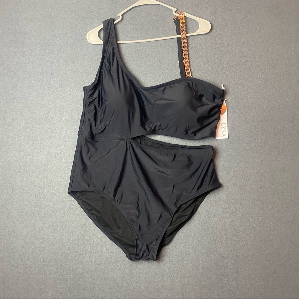 NEW without tags LYSA Sexy PLUS Size 2X Black Cutout Swimsuit with Chain Accent - Picture 2 of 9
